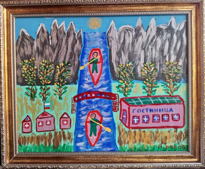Картина «Горная река. Туристы форсируют ее». картон-холст, 40 × 50 см, 2026 г. Художник Николай Носов